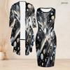 Women Plus Size Two Piece Set Abstract Printed Long Sleeve Draped Cardigan Sleeveless Bodycon Dress