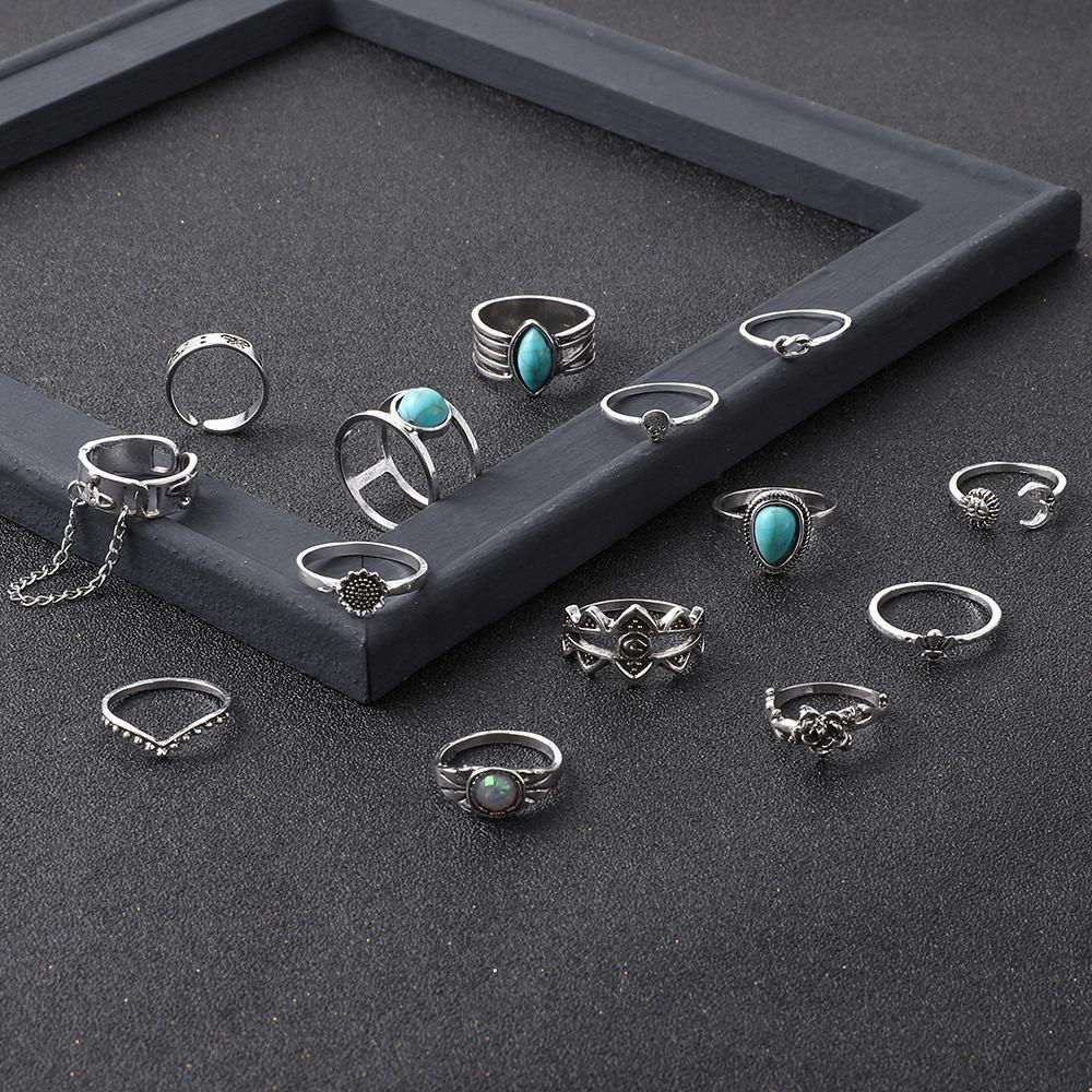 New European and American Bohemian Style Turquoise Ring with Unique Butterfly, Bee, and Floral Designs14Women's set