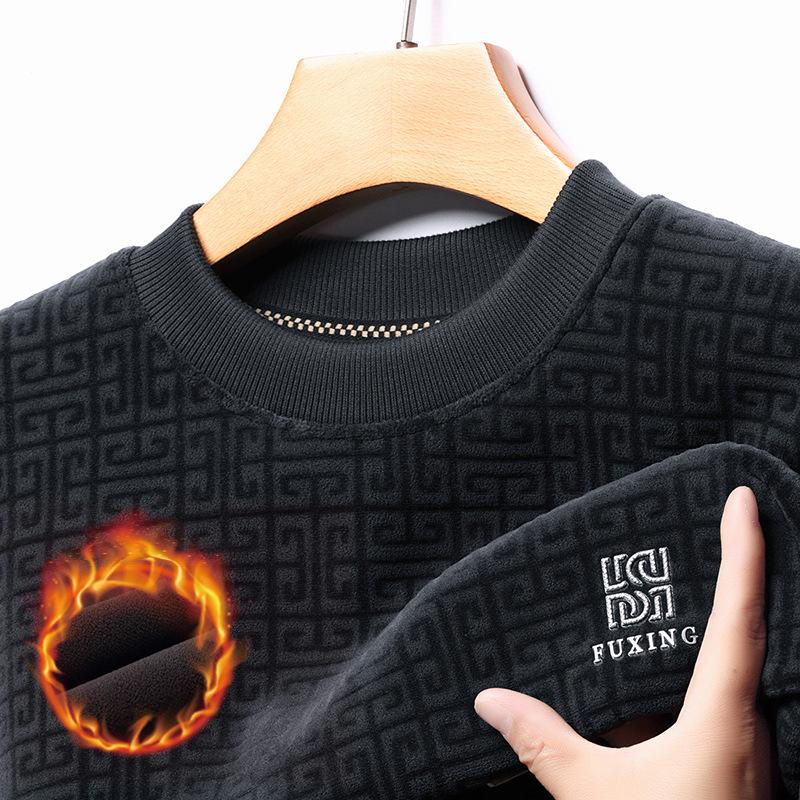 Men's Double-Sided Chenille Jacquard Round Neck Hoodie, Velvet-Lined, Loose Fit, Winter 2025 Warm Top