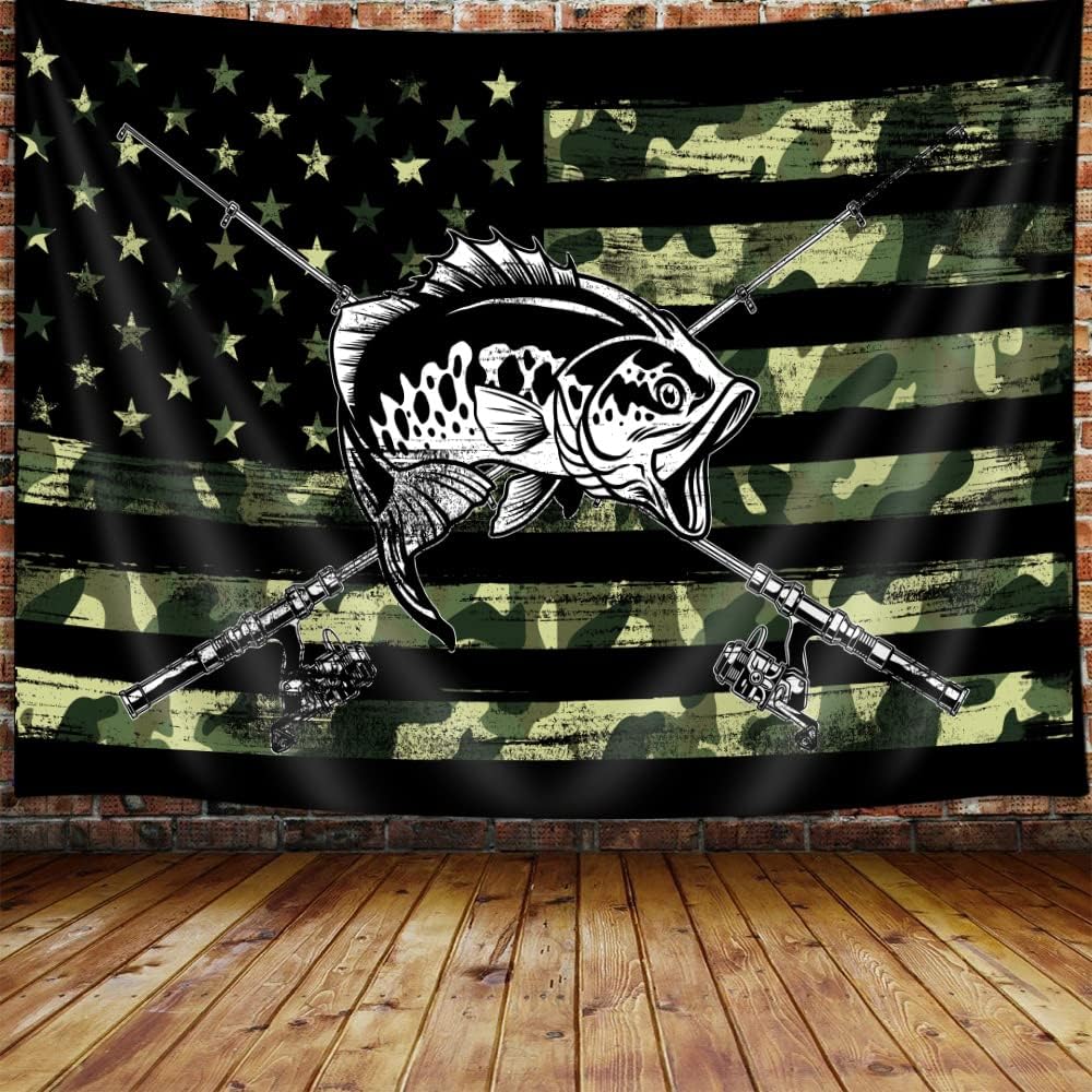 

Country American Flag Bear Tapestry Rustic Hunting Camo Bass Bear Black and White Tapestry Wall Hanging for Men Bedroom Cabin 74x94cm(29x37in)