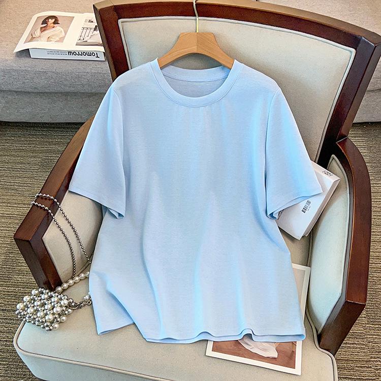 

2026 Summer Plus Size Women s Solid Color Slimming Short Sleeve Top - Round Neck, Loose Fit 7XL (210-230 jin) синий