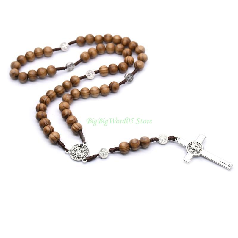 24TE Handmade Round Bead Rosary Necklace Men for Cross Jesus Pendant Catholic Religio