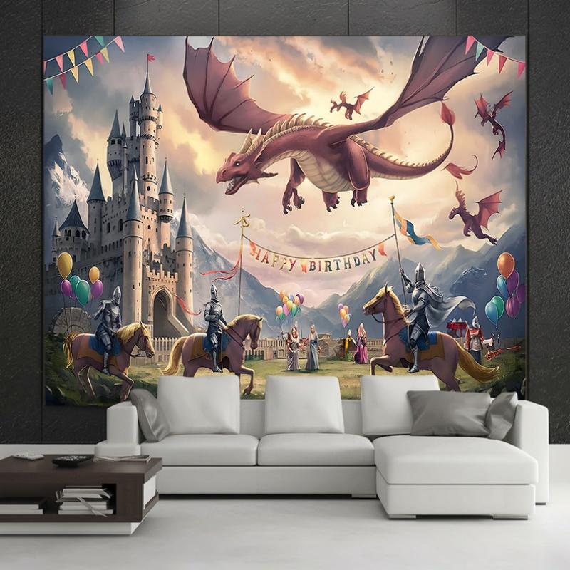 1 ensemble décoration de fond de célébration d'aventure en ville chevalier médiéval et dragon bannière décorative en polyester