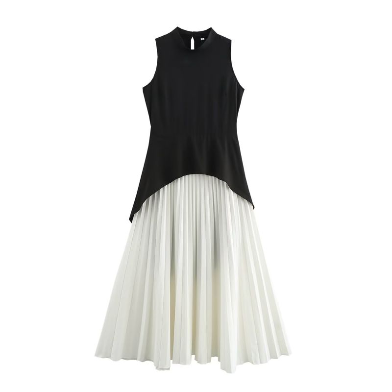 Jnleaog Autumn New Women's Clothing Fashion Style French Style Design Fashion Color Contrast Sleeveless Pleated Dress