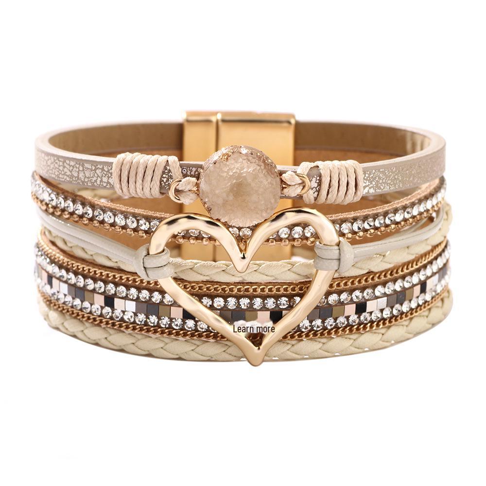 Bohemian Micro-Diamond Cross Bracelet with Magnetic Clasp & PU Leather