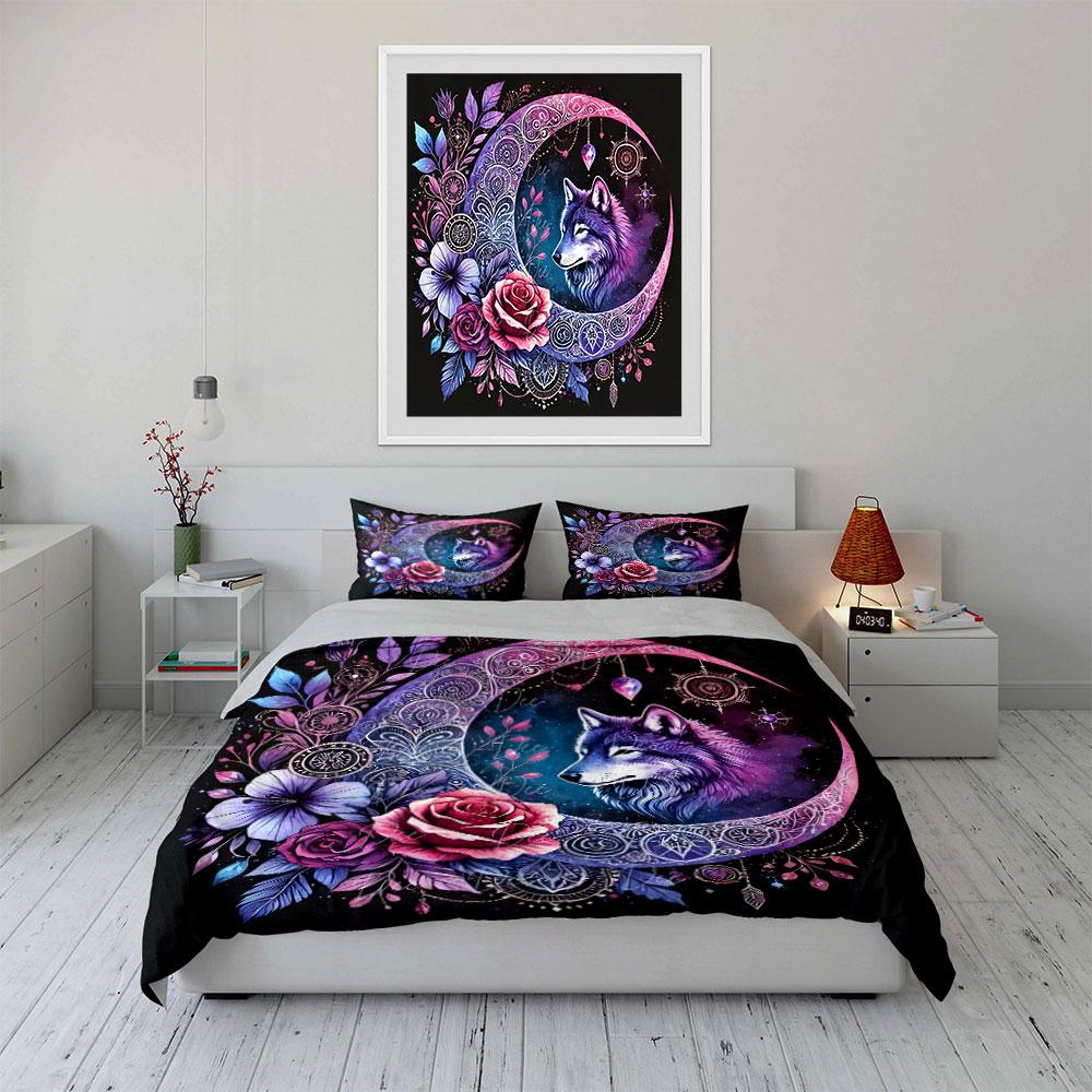 Moon Wolf Floral Decor Set Bedding Set with 1 Duvet Cover 2 Pillowcases Single Double King Queen, Gift