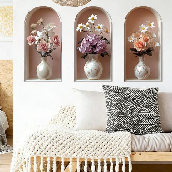 3 Pcs 3D Wall Vase Flower Wall Stickers Vintage Art Self-Adhesive Colorful