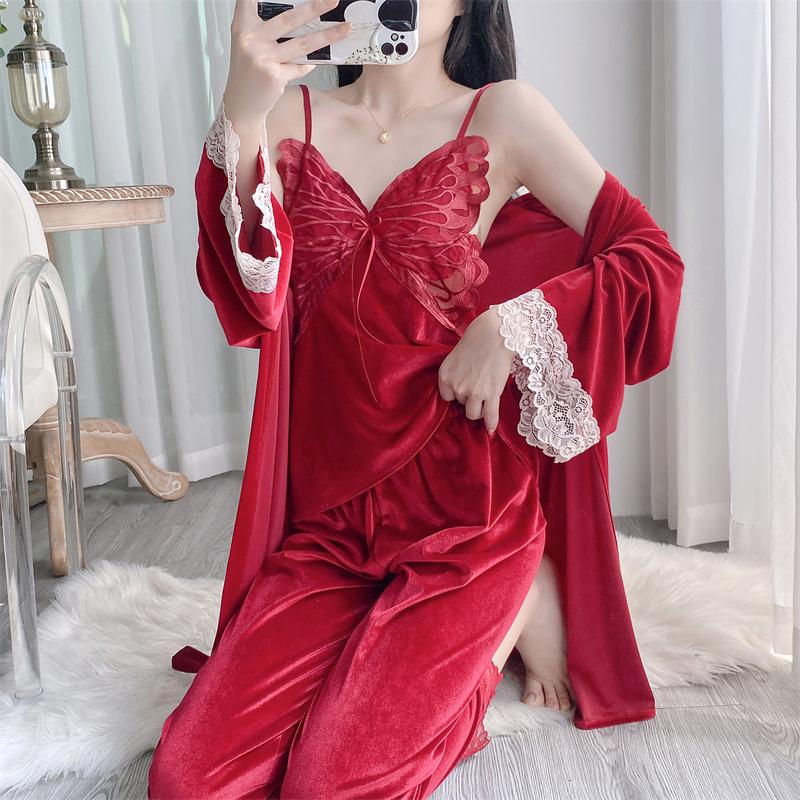 New golden velvet autumn and winter pajamas women's sexy backless suspender trousers set butterfly nightgown with chest pad air-conditioned clothes