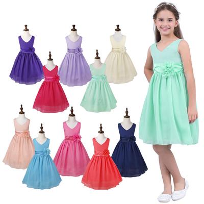 Kids Girls Chiffon Sleeveless V-neck Wedding Bridesmaid Flower Girl Dress Children Birthday Party Evening Prom Gown
