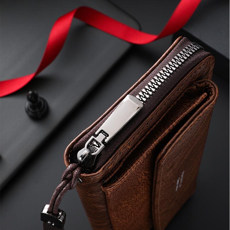 Men’s Leather Long Wallet RFID Blocking Clutch Wallet Large Capacity Zipper Bifold Purse Card Holder Coin Pocket Wrist Strap