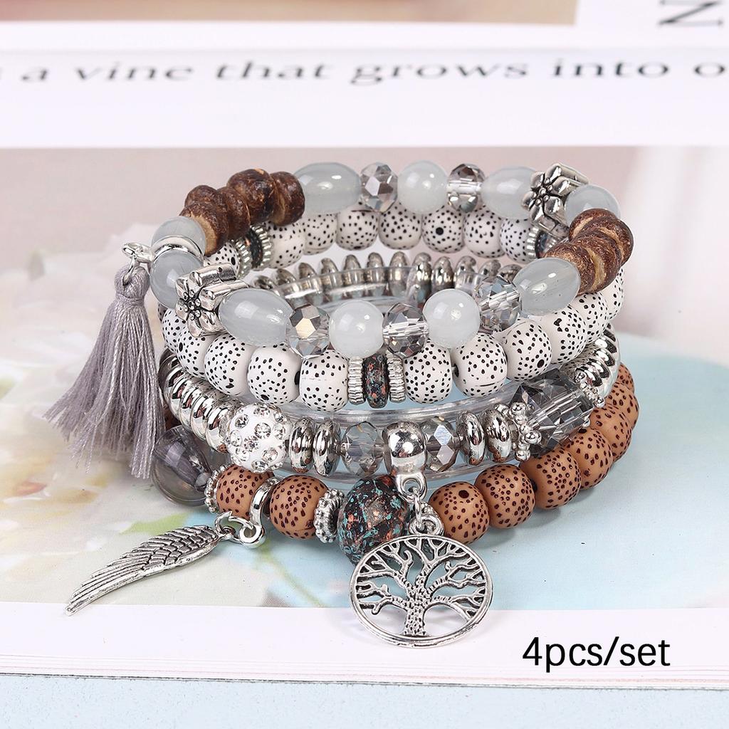 Bohemian Beaded Bracelet Set, Women's Stackable Stretch Bracelets with Tassel & Wing Charm