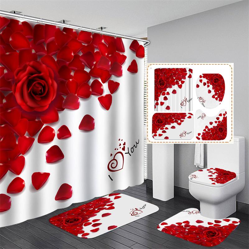 Valentine's Day Bathroom Bathing Waterproof Shower Curtain Home Entrance Doormat Bathtub 4Pcs Set Toilet Seat Cover Rugs Bath Non-Slip Floor Mat Love