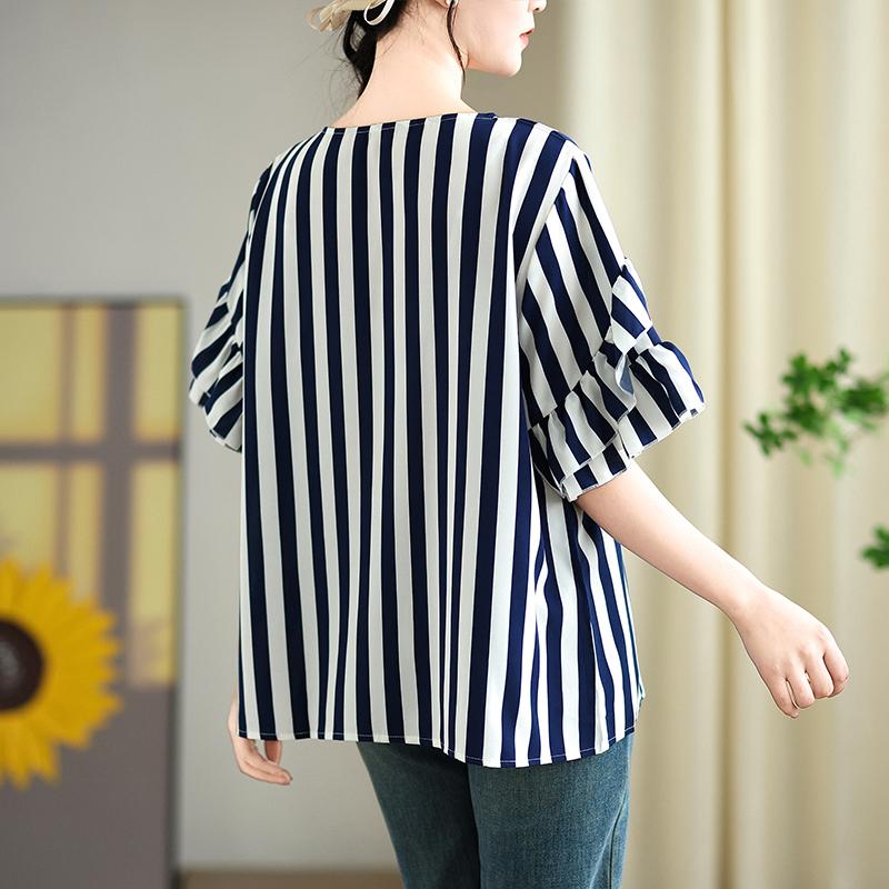 DIMANAF 2025 Summer Plus Size Short Sleeve T-Shirt Stripe Women O-Neck Loose Basic Tops Tees