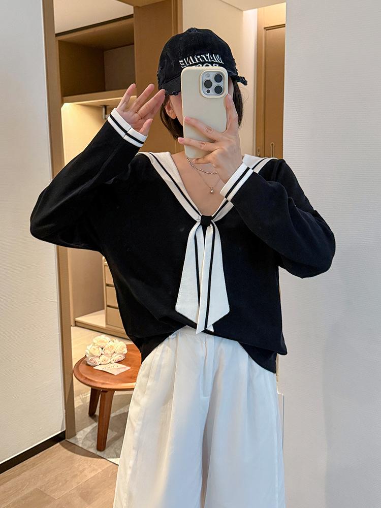 

2025 Autumn/Winter Plus Size Long Sleeve Sailor Collar Knit Sweater - Age-Reducing and Loose Fit 2XL (70-85 kg) чёрный