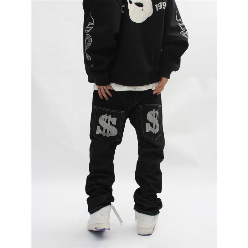 American Street Retro Letter Printing Washed Black Jeans Hip-hop Loose Straight Wide-leg Trousers Ins