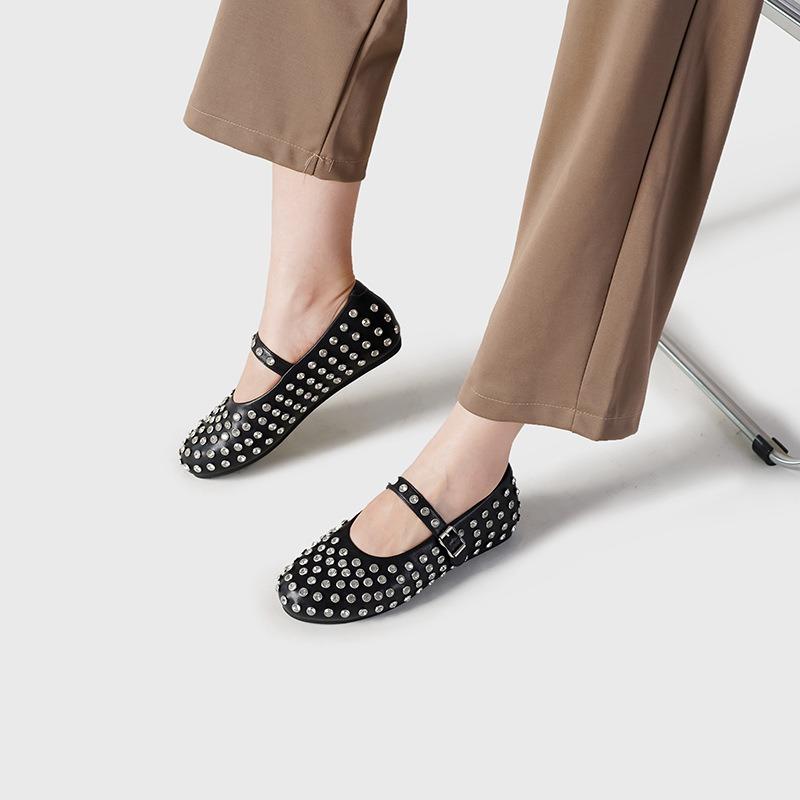 Round head one-word buckle with rhinestone rivets Mary Jane single shoes women's flat comfortable ballet dancing shoes
