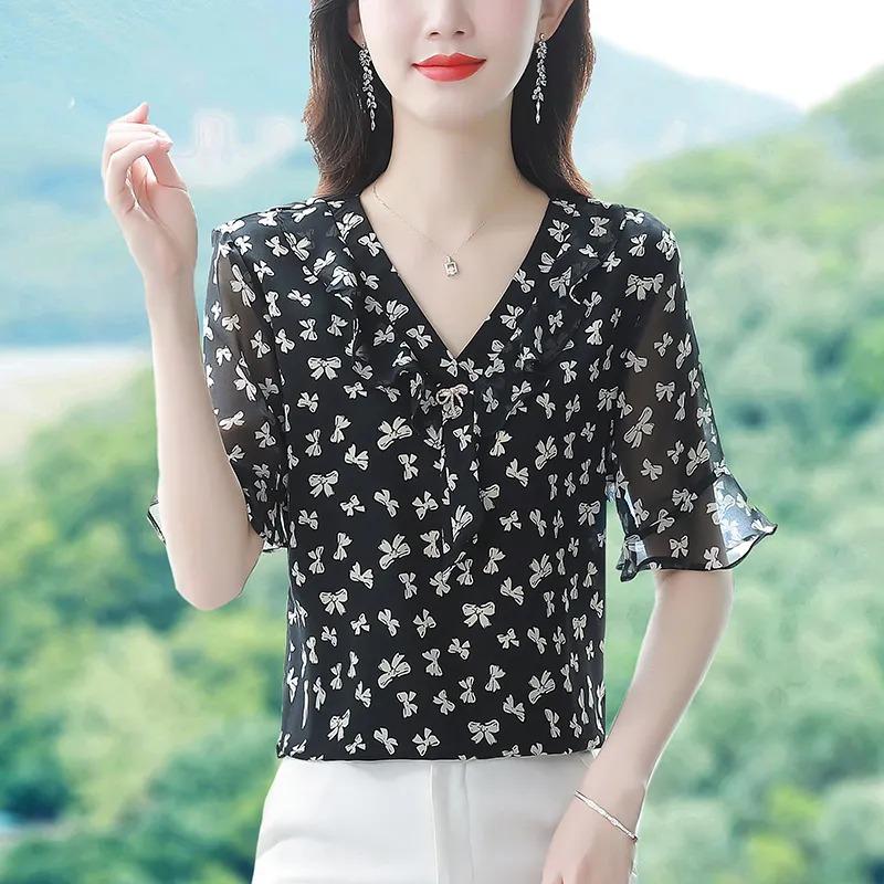High-end Chiffon Shirt Fashionable Upscale Summer Loose Short-sleeved Top Elegant Dress Top