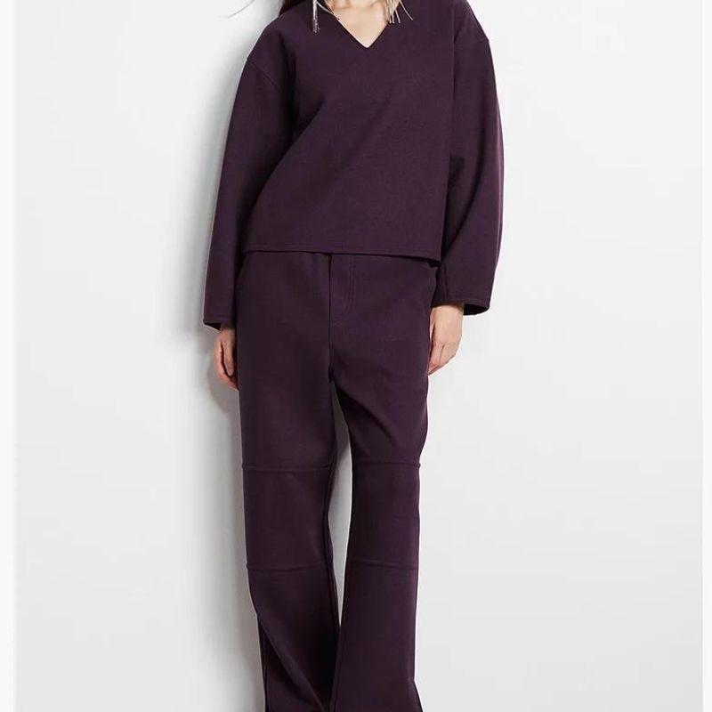 Fall and Winter New Women's Clothing Brushed Jersey V-neck Sweatshirt 1268253 High Waist Loose Pants 1268246