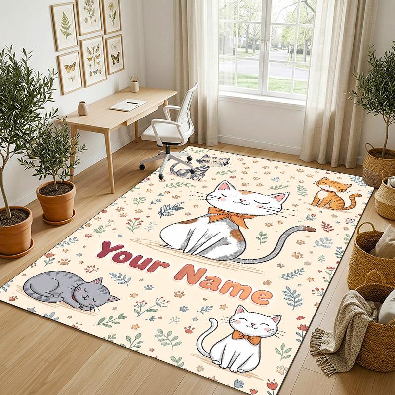 Cat Theme Crystal Velvet Rug Personalized Custom Name Text Soft Floor Mat Home Decor
