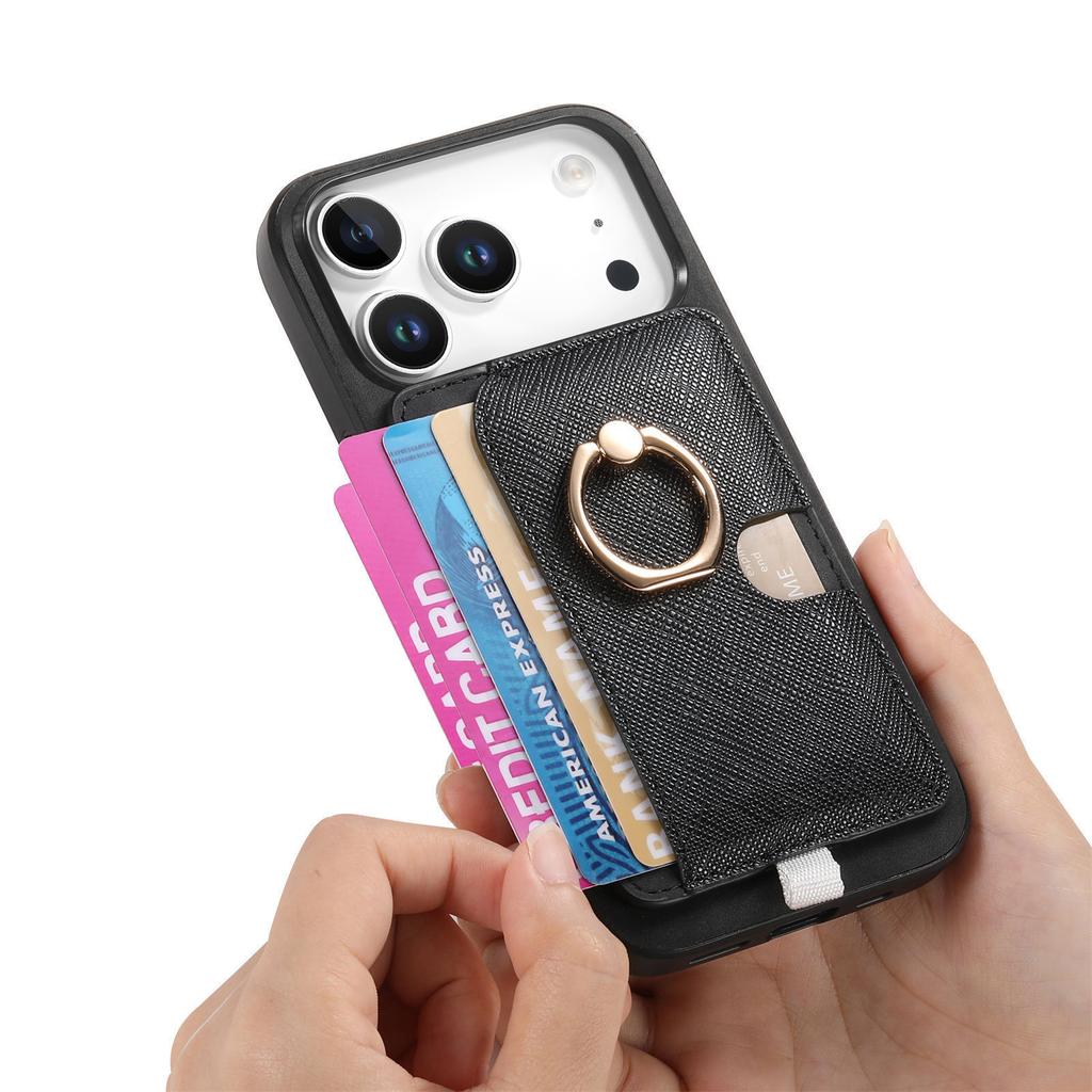 For iPhone 17 Pro Case Ring Kickstand Leather + TPU + PC Phone Cover Detachable Card Holder