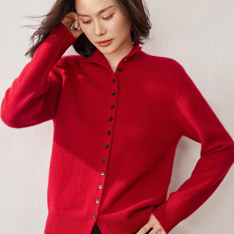 Lekasha Red Cashmere Stand Collar Two-Wear Soft Knit Cardigan for Autumn/Winter