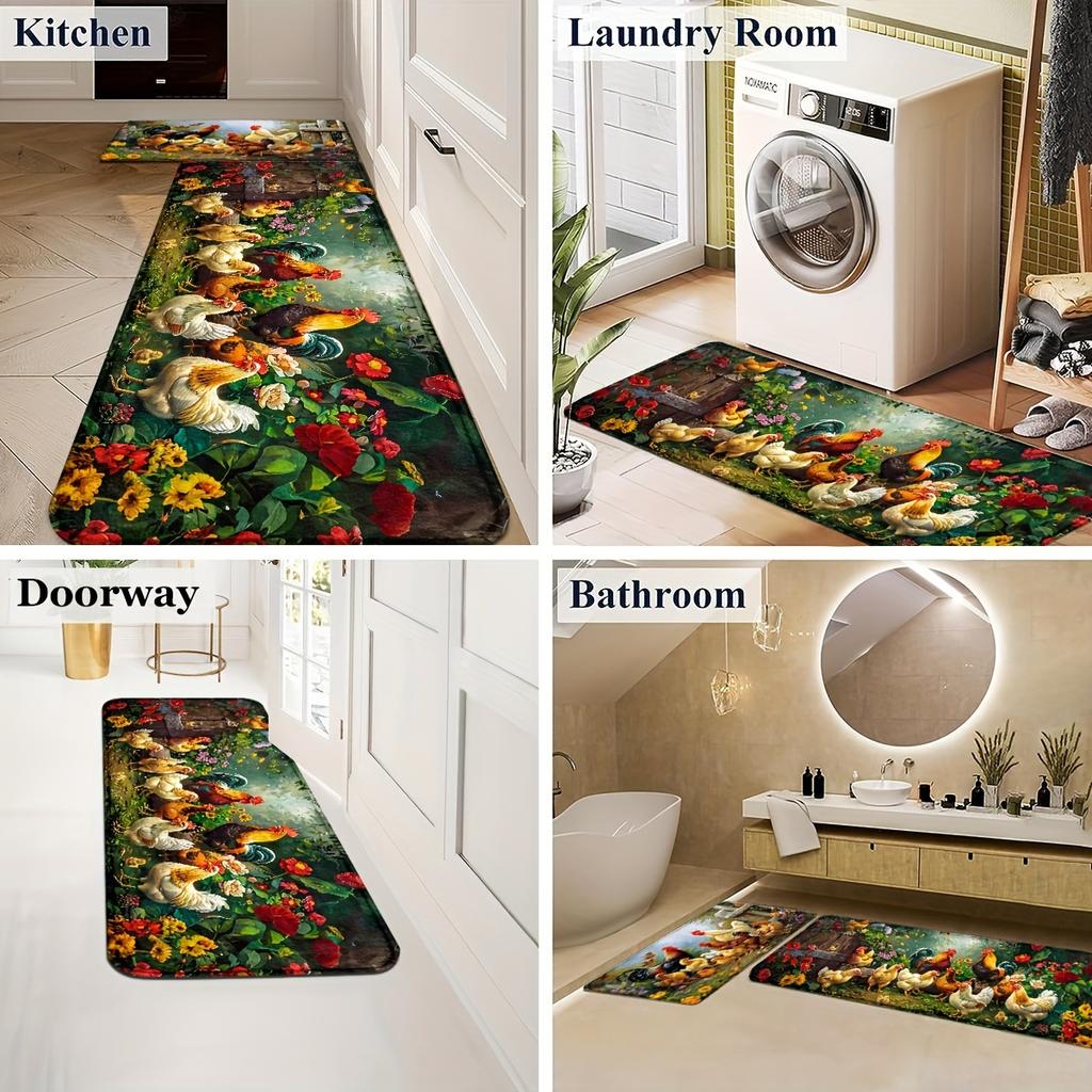 1Pcs Anti Fatigue Kitchen Rugs,  Rooster Print Waterproof Non-Slip Thick Cushioned Kitchen Mat Heavy Duty Comfort Standing Mat for Kitchen