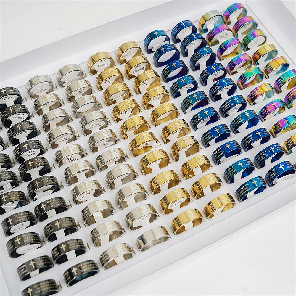 

50Pcs/Lot Jesus Love Christianity Bible Cross Faith Pray Stainless Steel Ring Jewelry For Women Men Believer Mix Color Wholesale 17-21mm