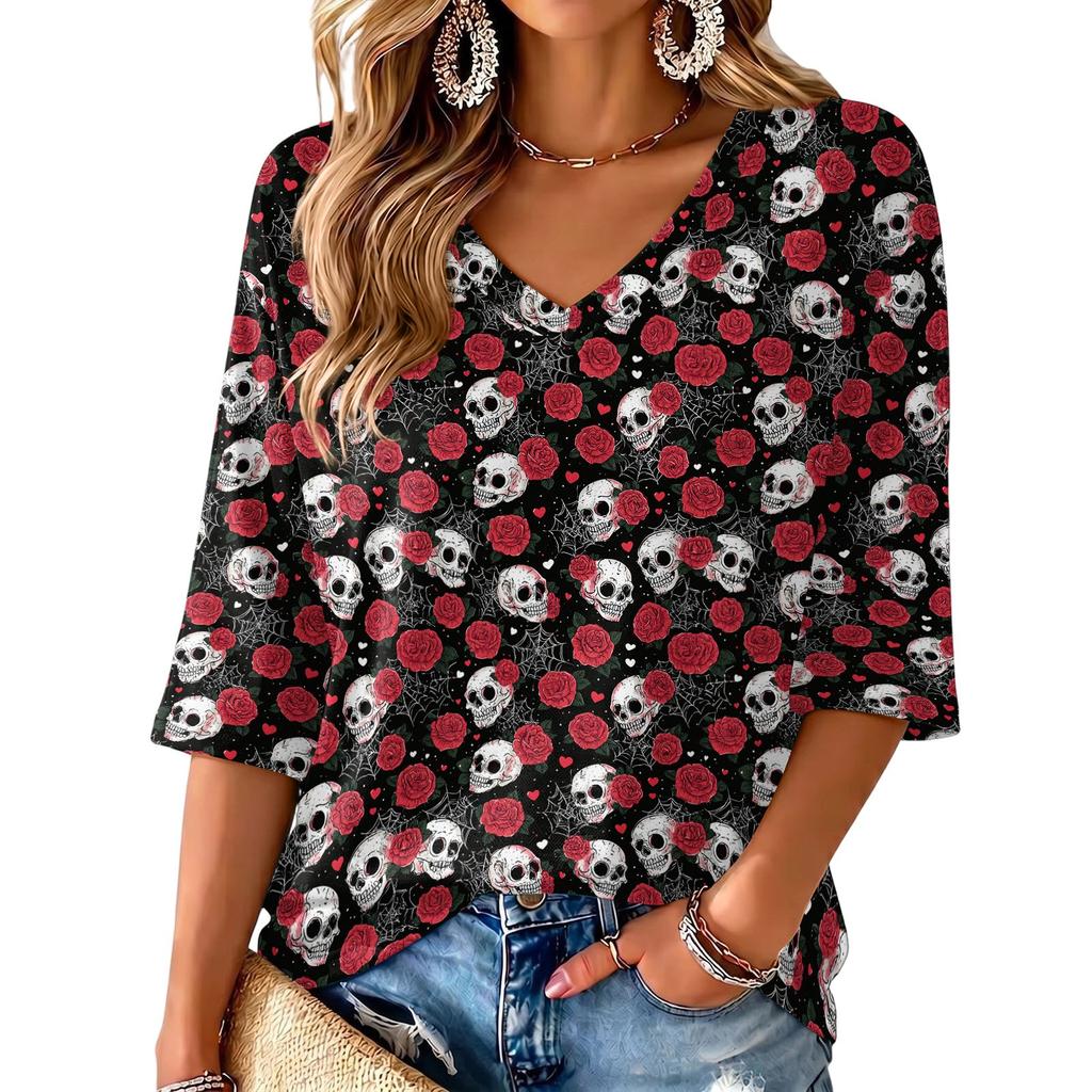 Women's V-Neck Halloween Print Lightweight Top for Spring and Summer