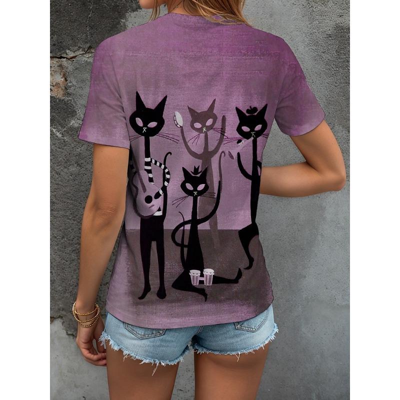 Women's T Shirt Graphic Animal Cat Vintage Stylish Classic Short Sleeve V Neck Regular Tops Daily Print Dusty Rose