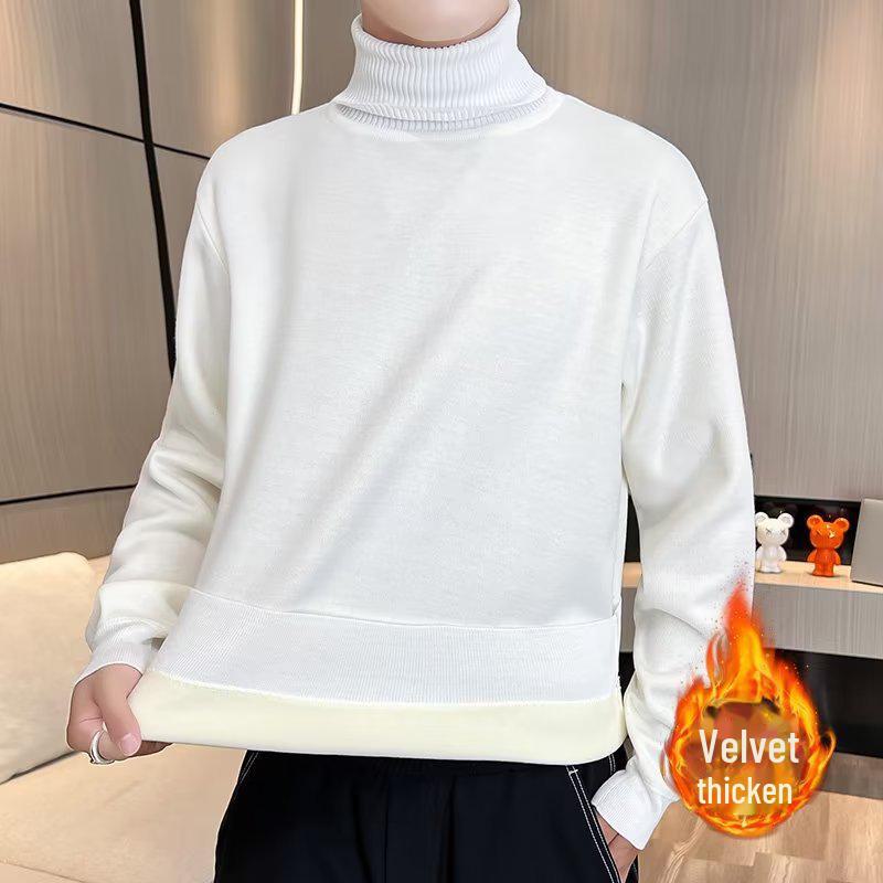Men's Solid Color Knitted Turtleneck Sweater - Warm Velvet, Autumn/Winter Style, Mid-neck Design