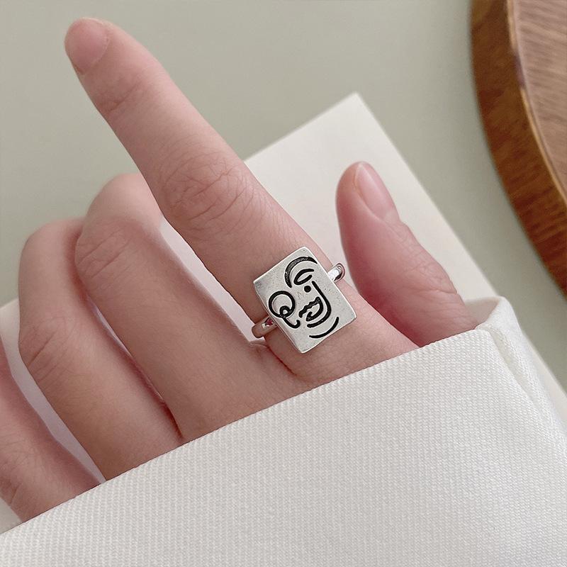 Retro Picasso Human Face Ring For Women 925 Silver Adjustable Open Ring Gothic Jewelry Trendy Unisex Accessories Gift