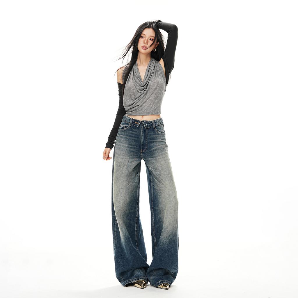 Women's Mid Rise Wide Leg Jeans Loose Denim Pants Vintage Washed Non-Stretch Casual Trousers For Streetwear Daily Wear