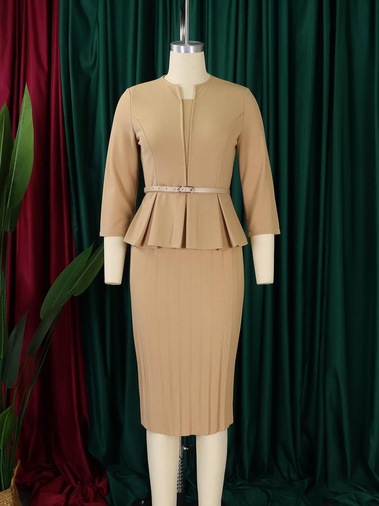Vestito da donna primaverile e autunnale, taglie forti, scollo a V, volant, vita alta, slim, OL, gonna a tubino, abiti da pendolare