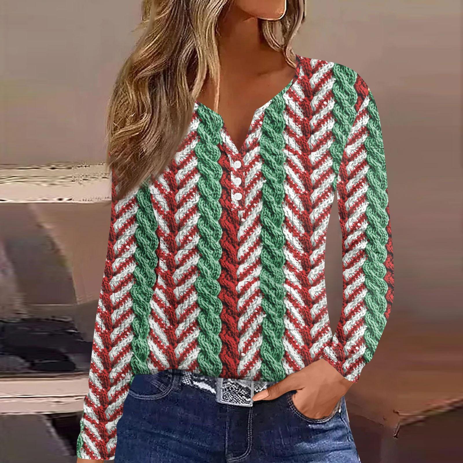 

Женская модная повседневная футболка с длинным рукавом и V-образным вырезом на рождественском принте на пуговицах L винный