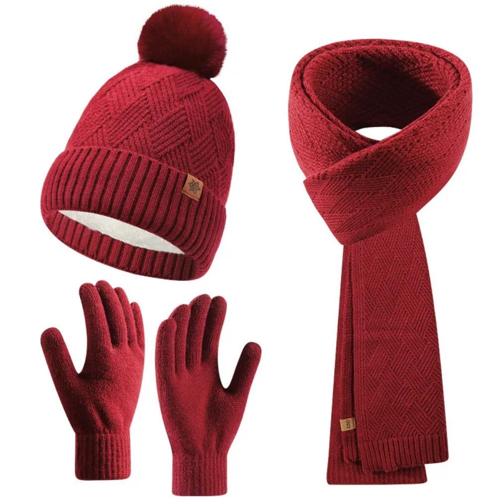 3pcs Wool Hat Scarf Gloves Set Solid Color Winter Beanie Hat Neck Warmer Thermal Knit Cap  Winter