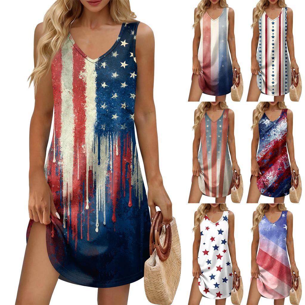 Women's Summer Casual Sun Skirt With Pocket V-Neck Independence Day Printed Loose Vest Dress