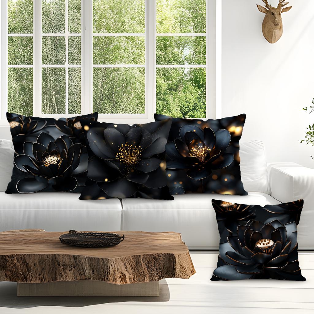 Black Flowers Cushion Pillowcase Printed Polyester 45X45Cm Throw Pillowcover Decorative Sofa Cushion Pillowslip Home Decor