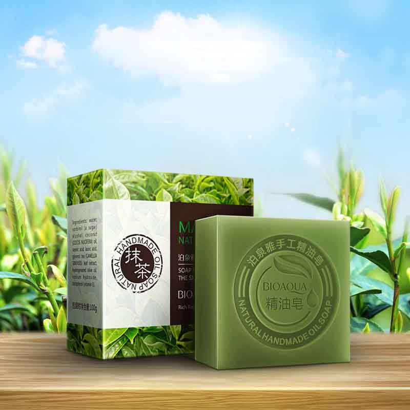 Bioaqua Bambuskohle-Seife, Matcha-Seife, Lavendel, reinigende ätherische Ölseife, Schönheit, Haut, handgemachte Seife, Kosmetik