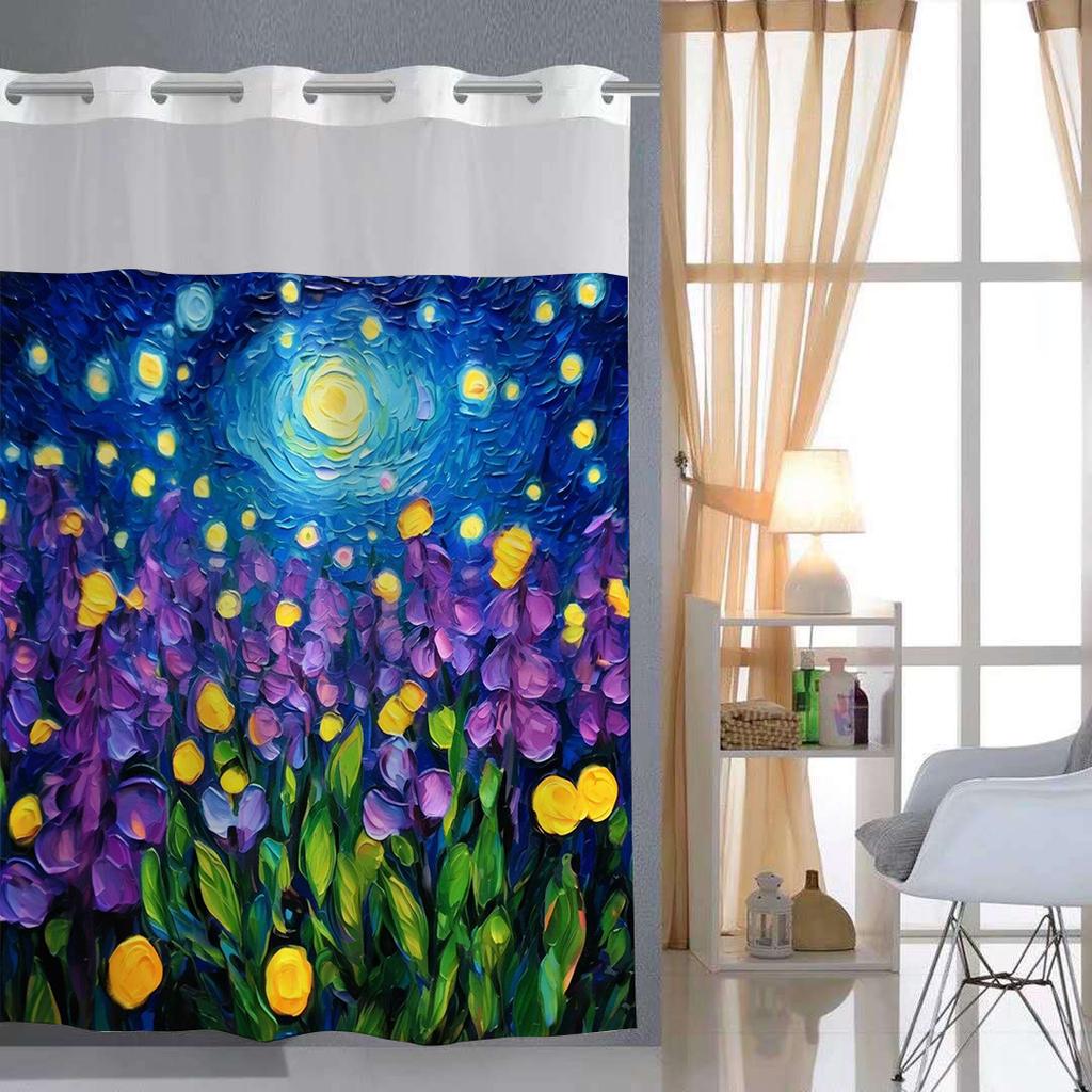 No Hook Sky Colored Drawing Shower Curtain With Snap-in Fabric Liner Sheer Top Window, Double Layer Bathtub Curtain