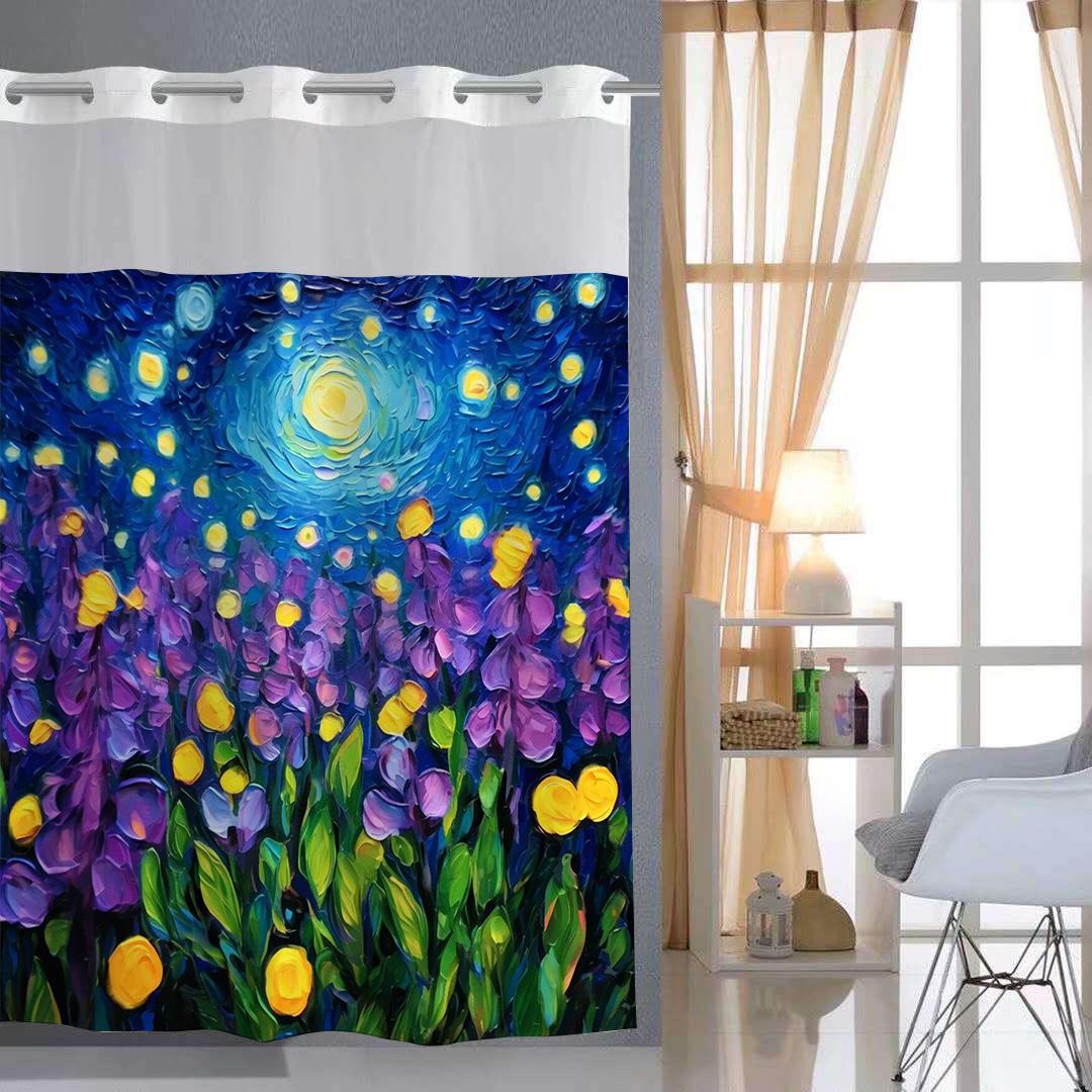 

No Hook Sky Colored Drawing Shower Curtain With Snap-in Fabric Liner Sheer Top Window, Double Layer Bathtub curtain 180X188cm красный