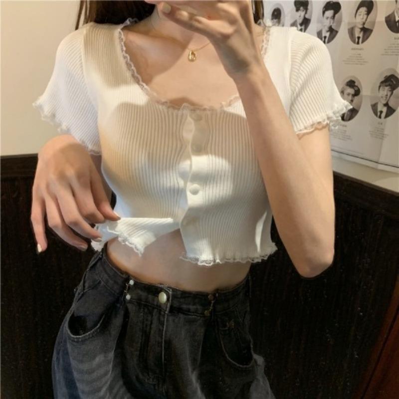 Yankee Strickpullover Jahr Damenmode Lila Spitzenstrickjacke Dünner Kurzer Abschnitt Schlanke Oberteile Lässiges Wesentliches Komfort und Stil Schlanke Passform Pullover T-Shirts