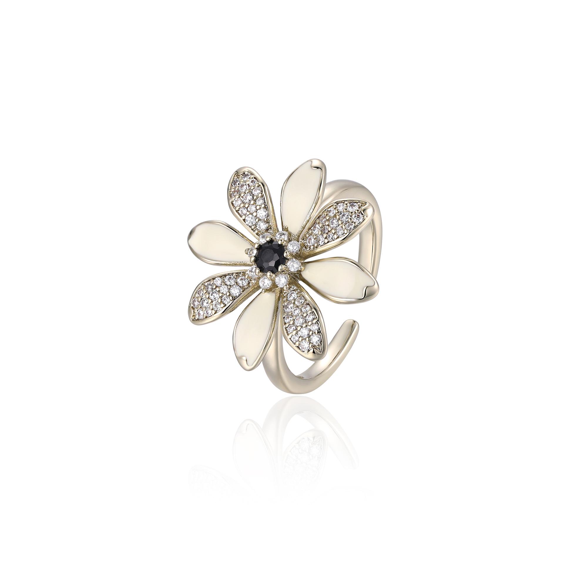 

Мексиканское дизайнерское кольцо с лепестками цветов, инкрустированное цирконом, регулируемое, эмалевая отделка золотой/кофейный