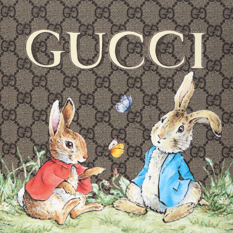 Gucci X Peter Rabbit Kolaboracja Nadruk Zwierzęcy Magnetyczne Zamknięcie Płócienna Torba Tote Dzieci Torba Tote Beżowy Ciemny Brąz 605614-FACZU-8459