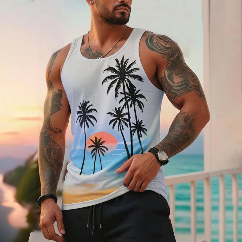 3D Printed Coconut Tree Tank Tops For Man Colorful Sunset Pattern Tees Summer Casual Fashion Vest Loose Sports Street Tank Top