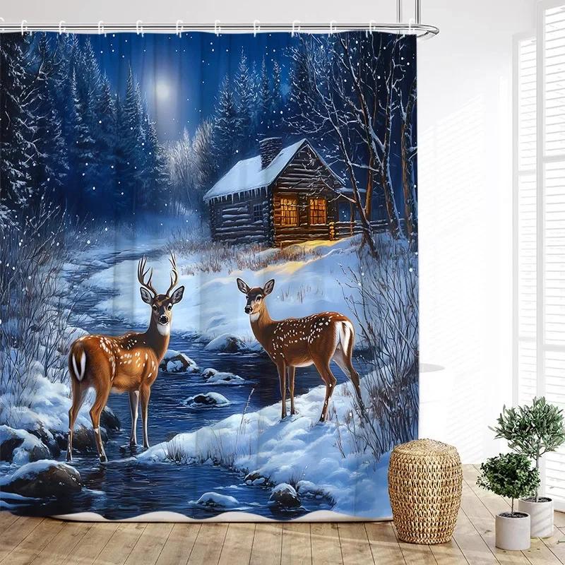 Christmas Reindeer Shower Curtain Winter Xmas Trees Full Moon Moose New Year Home Bathroom Decoration Bath Curtains