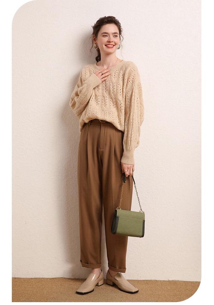 Women's Round Neck Crochet Cashmere Sweater - Soft, Warm, Fashionable Knit for Spring & Autumn