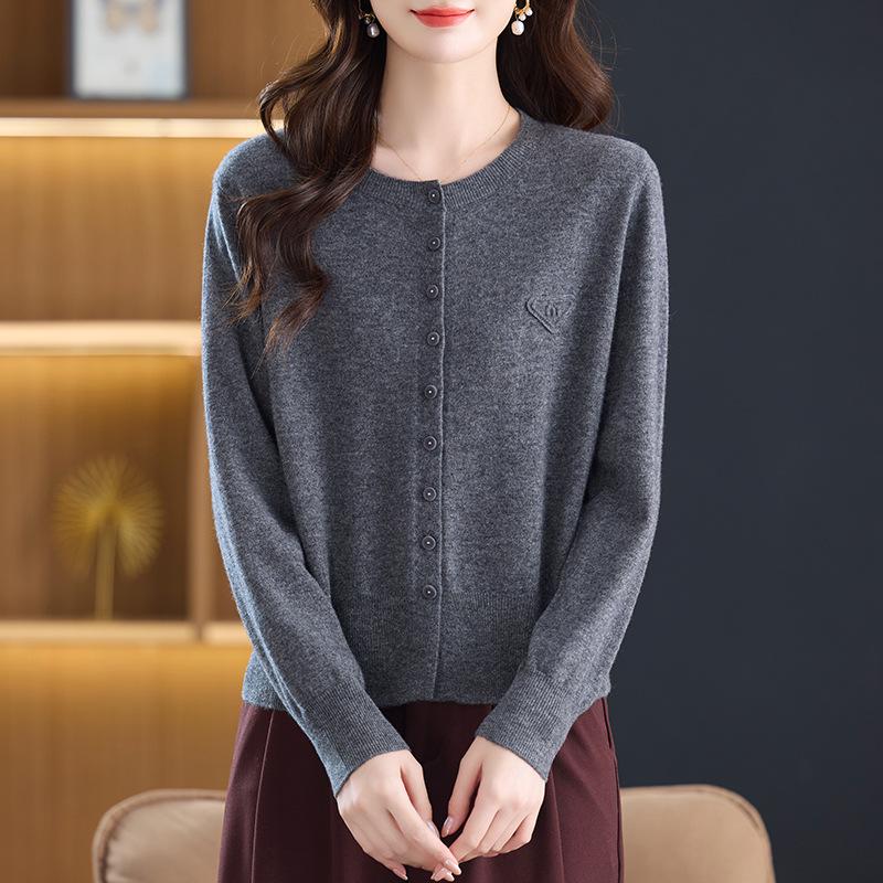 Women's Solid Color Wool Jacquard Long Sleeve Cardigan Sweater