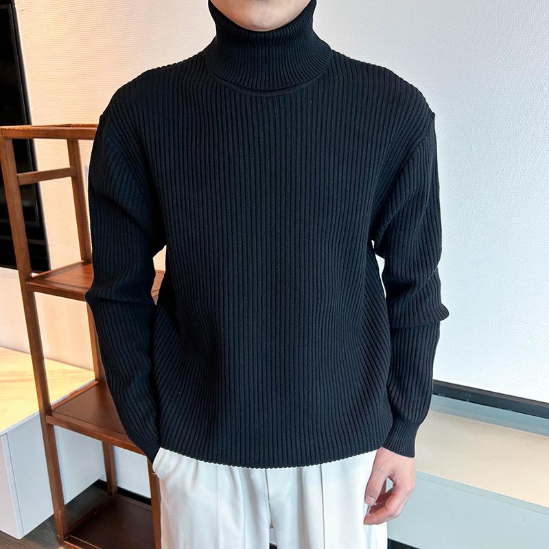 Men's Korean Style Ribbed High Neck Sweater - Autumn/Winter Versatile Long Sleeve Knitwear