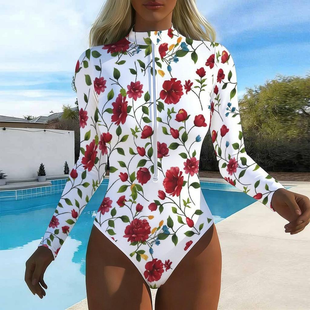 Women Long Sleeve One Piece Swimsuit Zip Front Ink Wash Print Print Rash Guard Surfing Bathing Suit