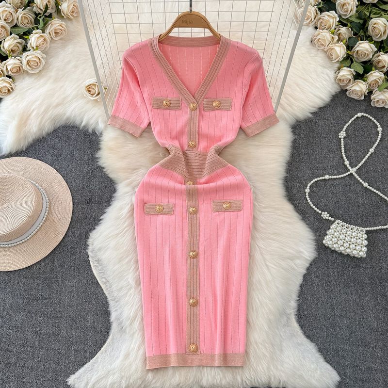 

Classic Style 24 Summer Sexy Slimming Sheath Waist-Tight Silm V Neck Short-Sleeved Knitted Dress Mid Length Long Length Dress Women Pink All yards